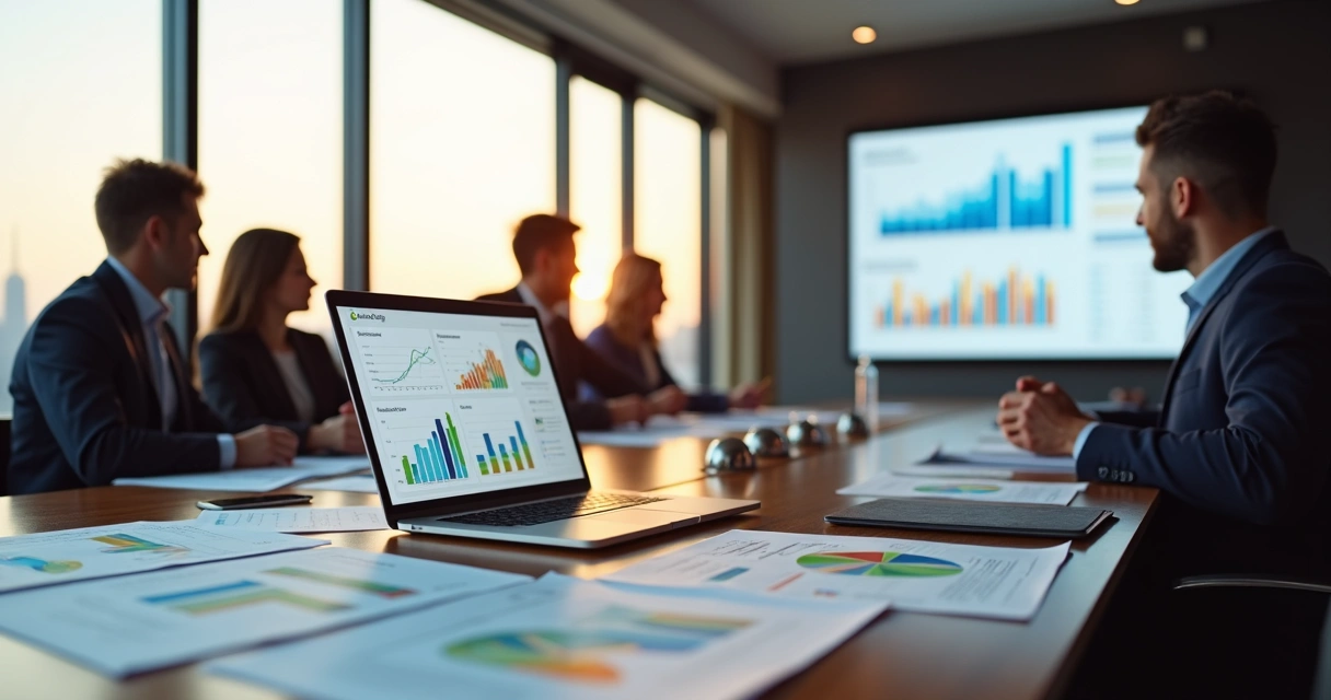 Gestor de hotel analisa relatórios financeiros coloridos em grande mesa de reunião 