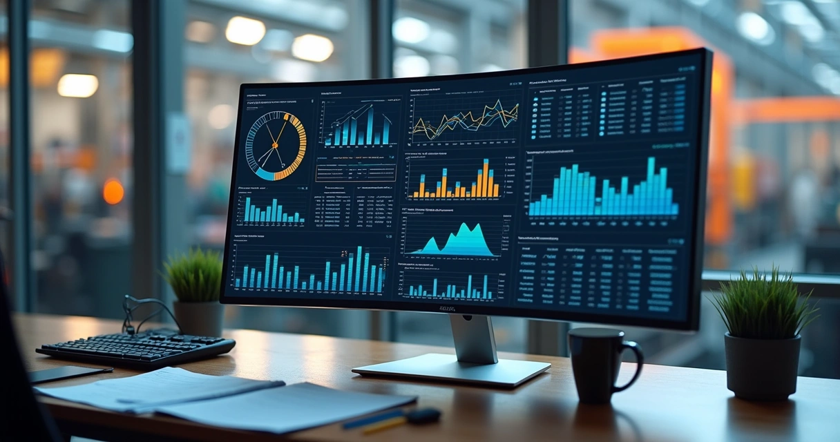 Painel digital exibindo relatórios e gráficos de gestão industrial em uma fábrica