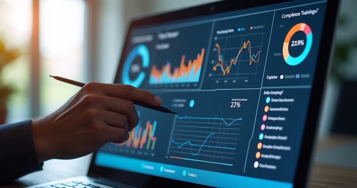 Painel digital com gráficos e relatórios de treinamentos corporativos na tela 
