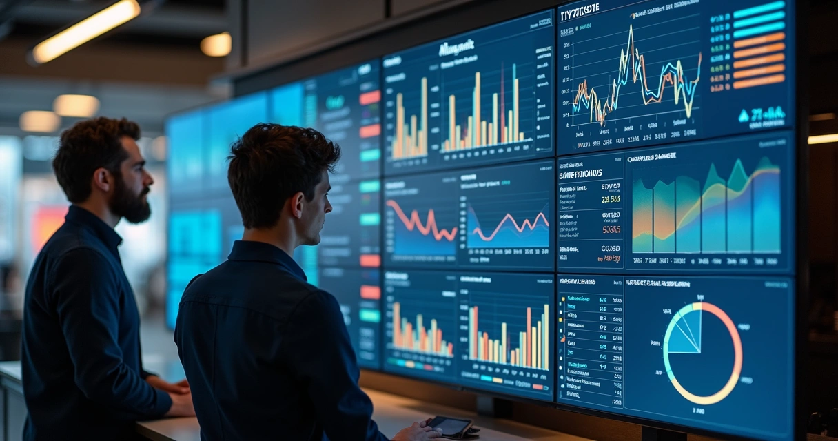 Painel digital de relatórios com gráficos de vendas e estoque de loja de celular