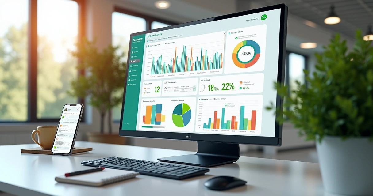 Painel digital com gráficos de vendas semanais no WhatsApp em tela de computador moderno 
