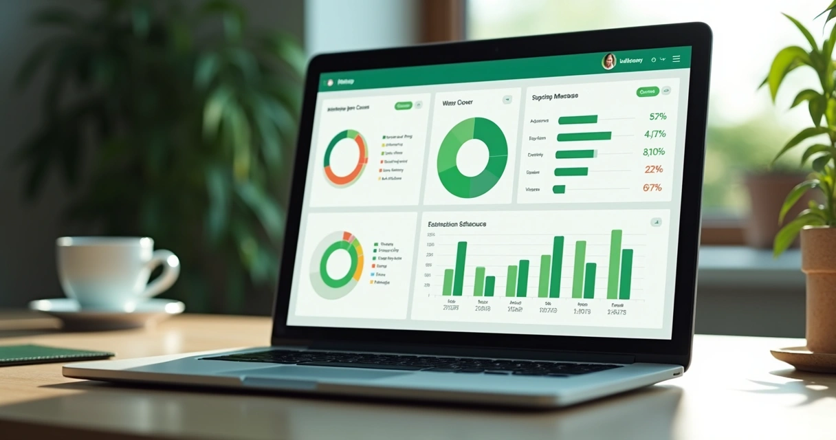 Visão geral de um painel digital com gráficos e indicadores de mensagens WhatsApp. 