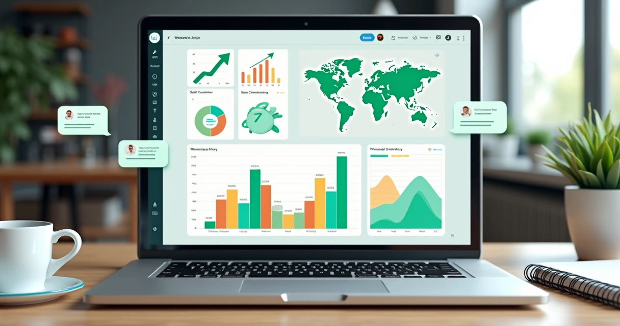 Image 3: Painel de relatórios de vendas e engajamento com gráficos e mensageria do WhatsApp. 
