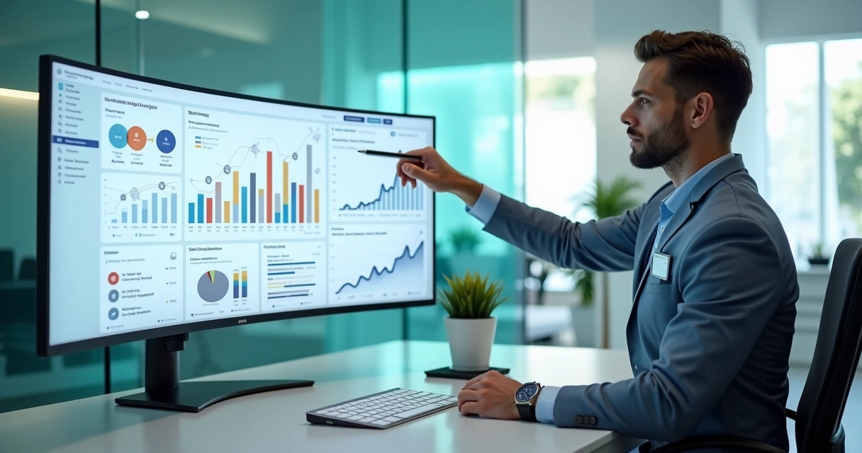 Gestor de clínica de saúde analisa painel de remarketing com ícones de pacientes e anúncios digitais 