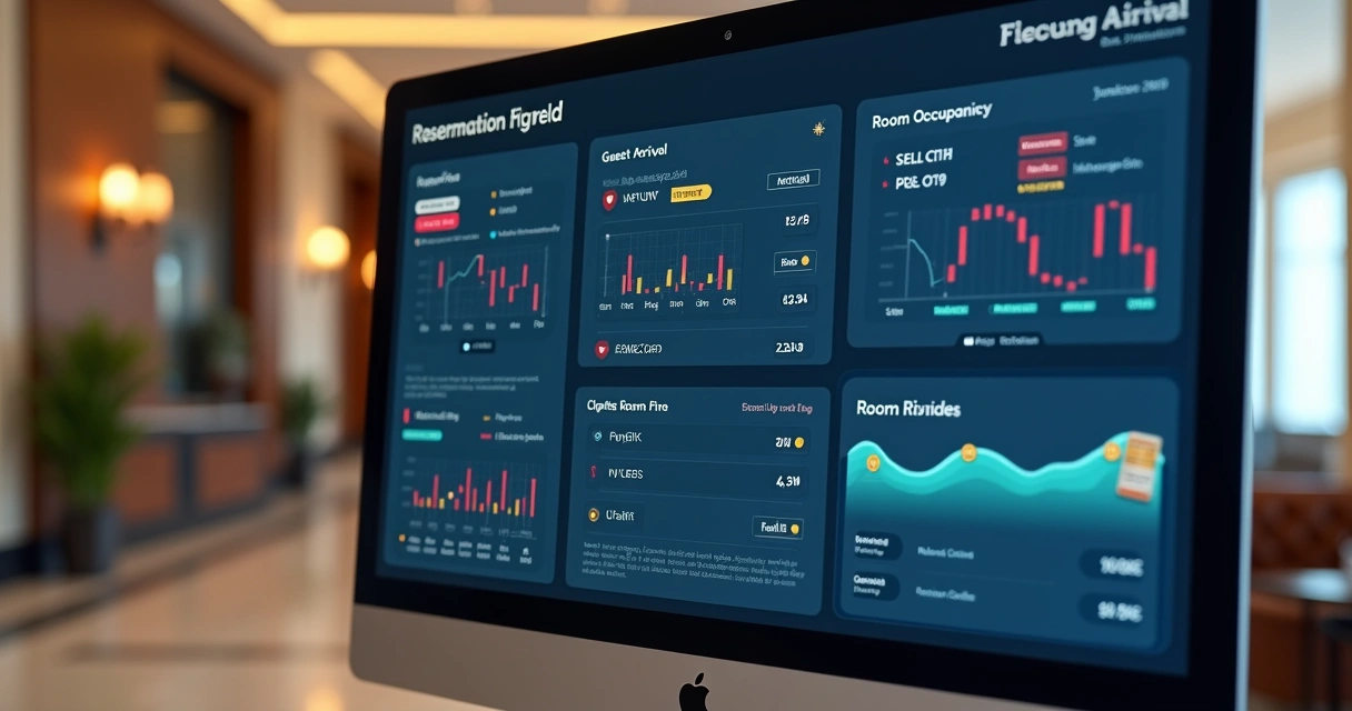 Painel digital de reservas de hotel com informações de hóspedes e ocupação 