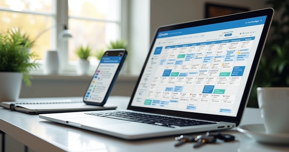 Painel com calendários de reservas sincronizados em notebook e celular 