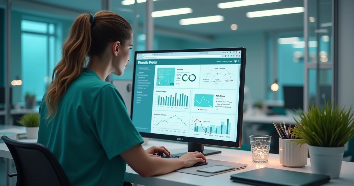 Gestora analisando painel de resultados de WhatsApp Business em clínica médica 