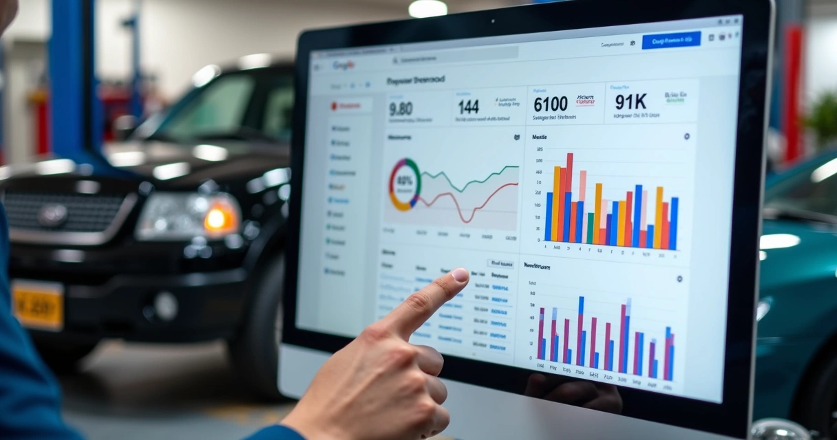 Painel de resultados de campanha de auto center com gráficos coloridos 