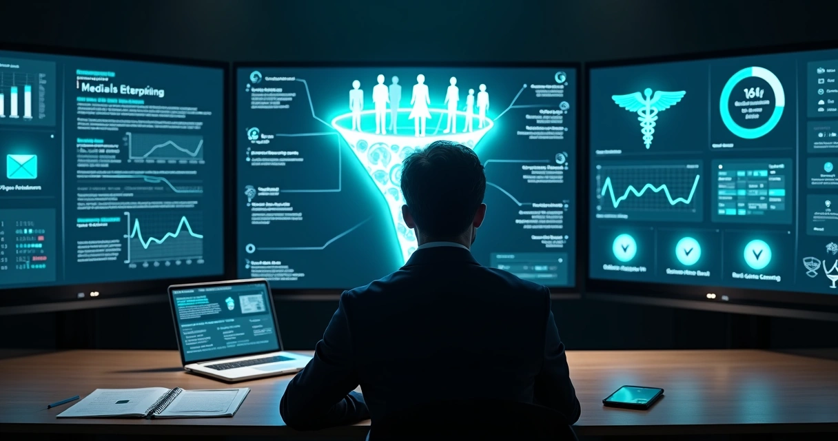 Gestor de clínica médica analisa painel digital com funil de retargeting e ícones de anúncios 