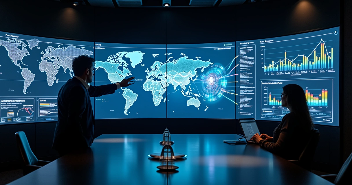 Painel digital exibindo jornada de retargeting em funil B2B com mapas e dados em tempo real 