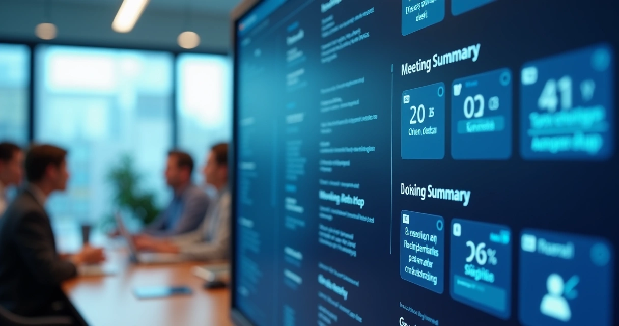 Tela com resumo de reunião e tarefas em painel digital 