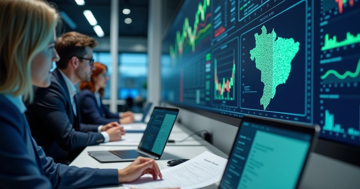 Painel com gráficos financeiros e mapa do Brasil em escritório corporativo 