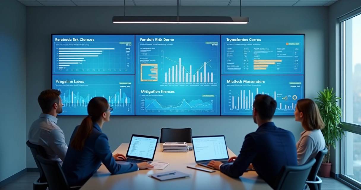 Painel digital com indicadores de riscos corporativos em reunião 