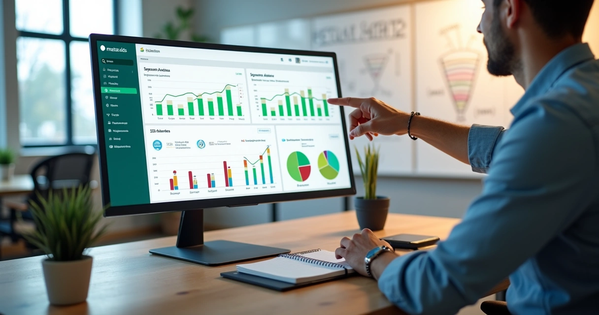 Painel unificado de campanhas digitais mostrando ROAS em alta 