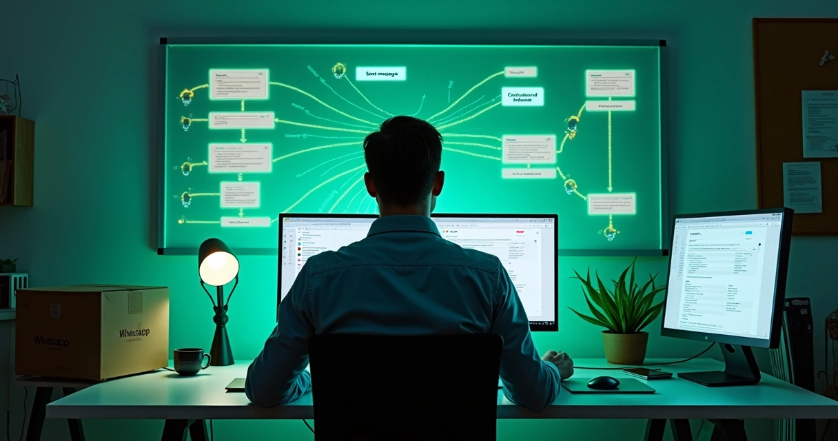 Empreendedor montando fluxo de mensagens automáticas de WhatsApp em painel digital 