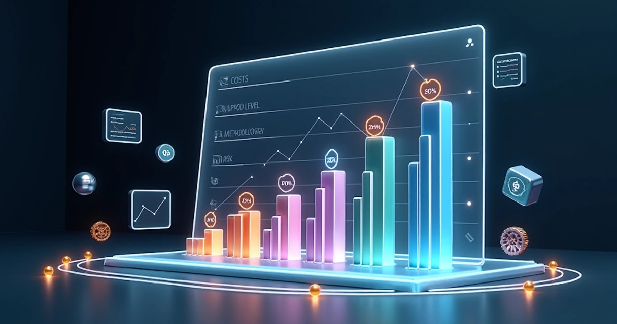 Painel 3D mostrando consultorias de IA comparadas por ROI e métricas financeiras 