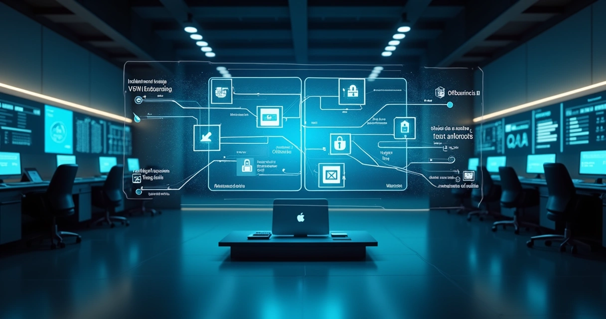 Tela com diagrama digital de runbooks conectando incidentes, acessos e chaves de segurança 