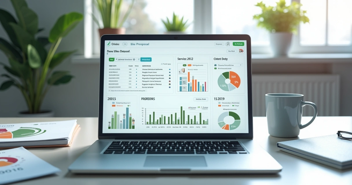 Painel digital de proposta de venda com métricas e vídeos em tela 