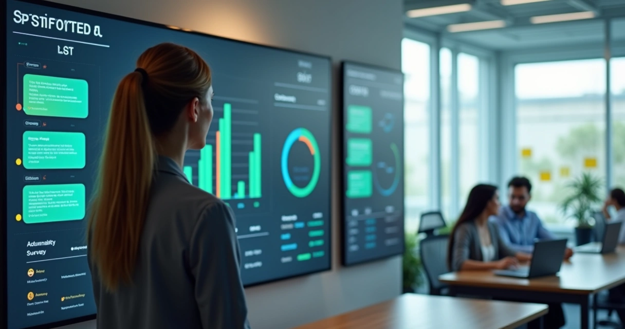 Gestora observa painel digital com indicadores de satisfação e mensagens de chat 