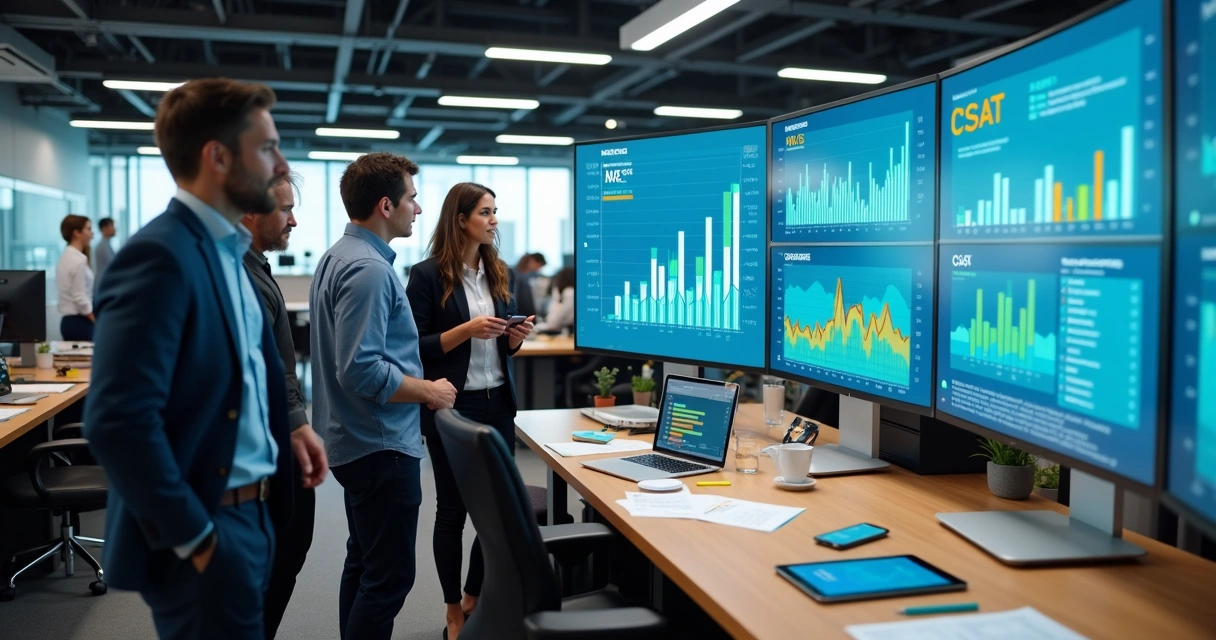 Monitor grande mostrando painel de satisfação do cliente com NPS e CSAT 