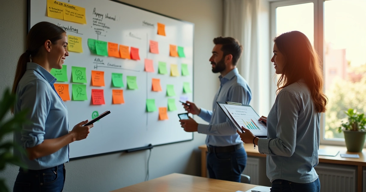 Gestor de PME analisa mural colorido com feedbacks de satisfação de clientes 