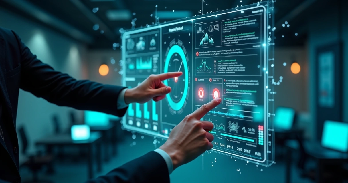 Painel digital azul exibindo indicadores éticos e mãos humanas ajustando controles 