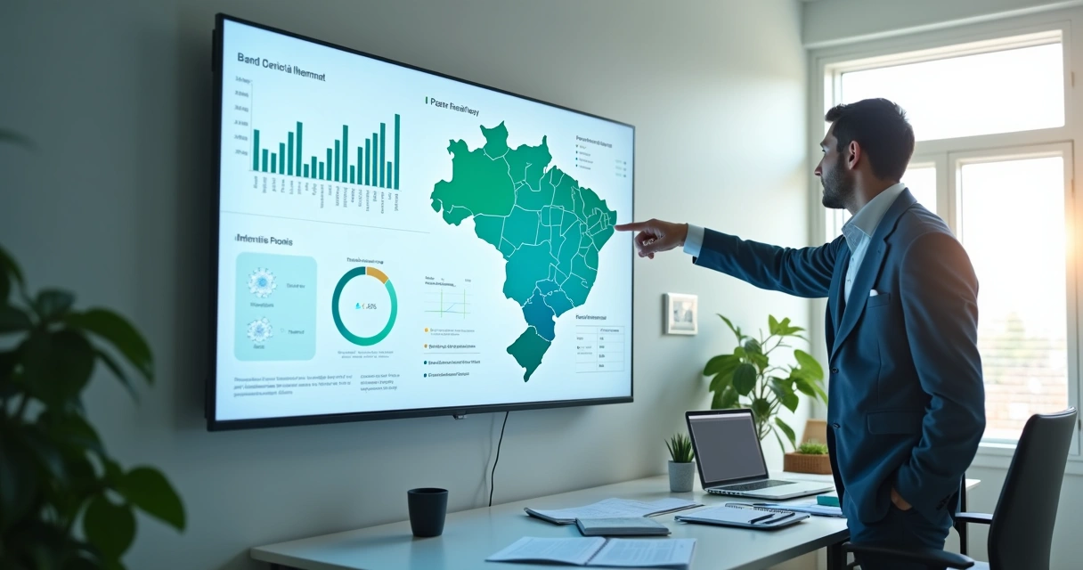 Painel com dados clínicos e mapa do Brasil em ambiente de saúde 