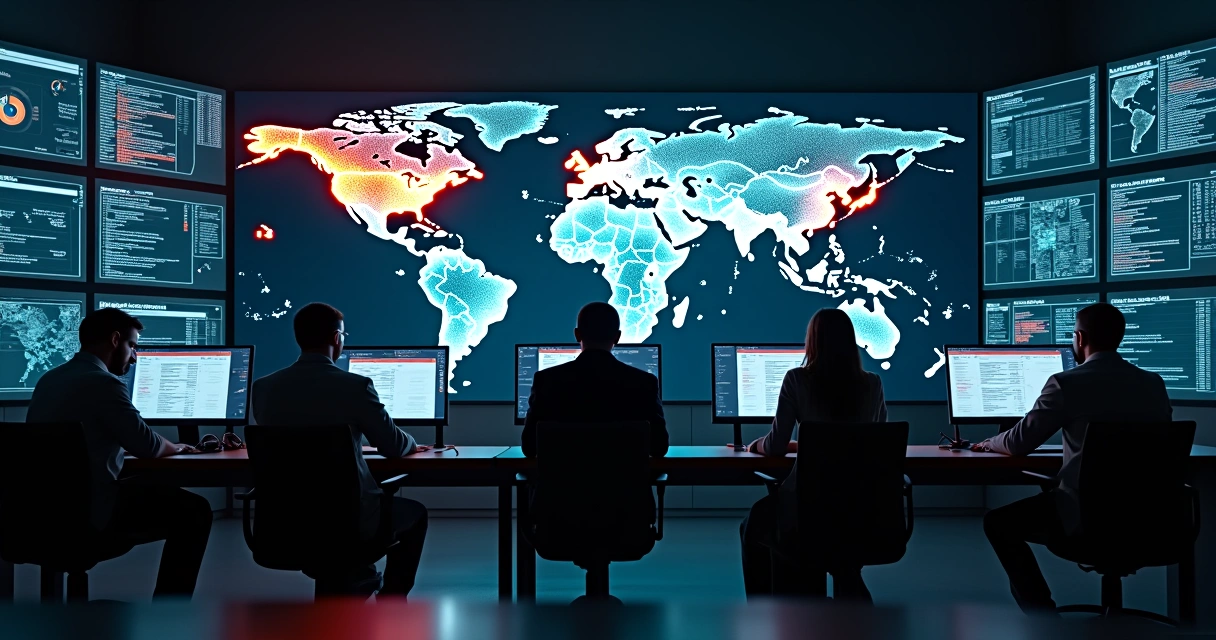 Sala de controle corporativa com painel digital exibindo scan de vulnerabilidades em sistemas 