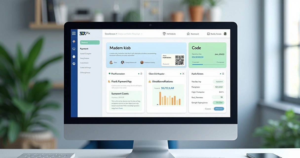 Painel do sistema destacando integração SDK Pix e opções de pagamento 