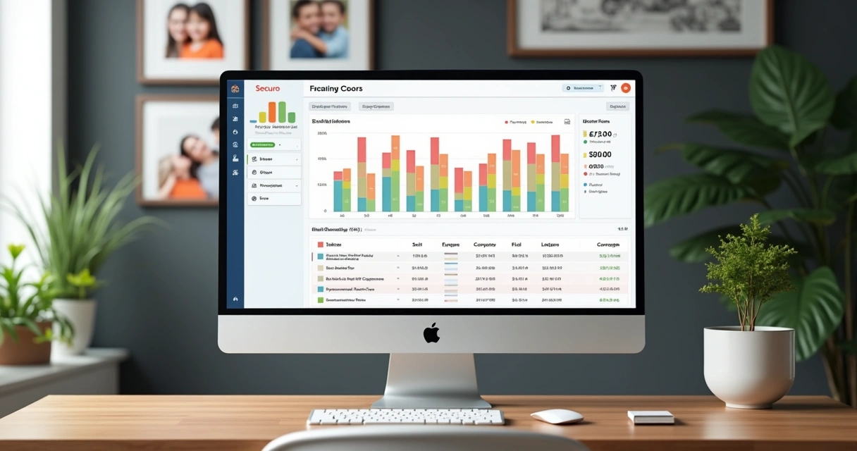 Painel financeiro familiar em tela de computador com gráficos coloridos