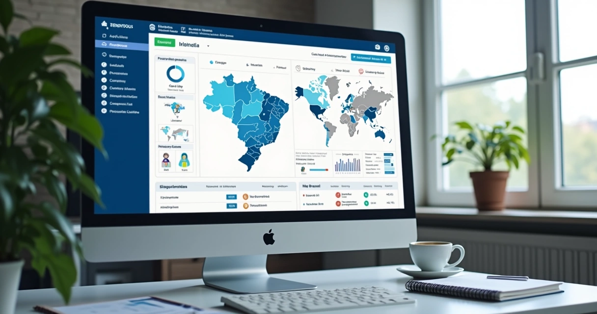 Painel com filtros de empresas e mapa de regiões