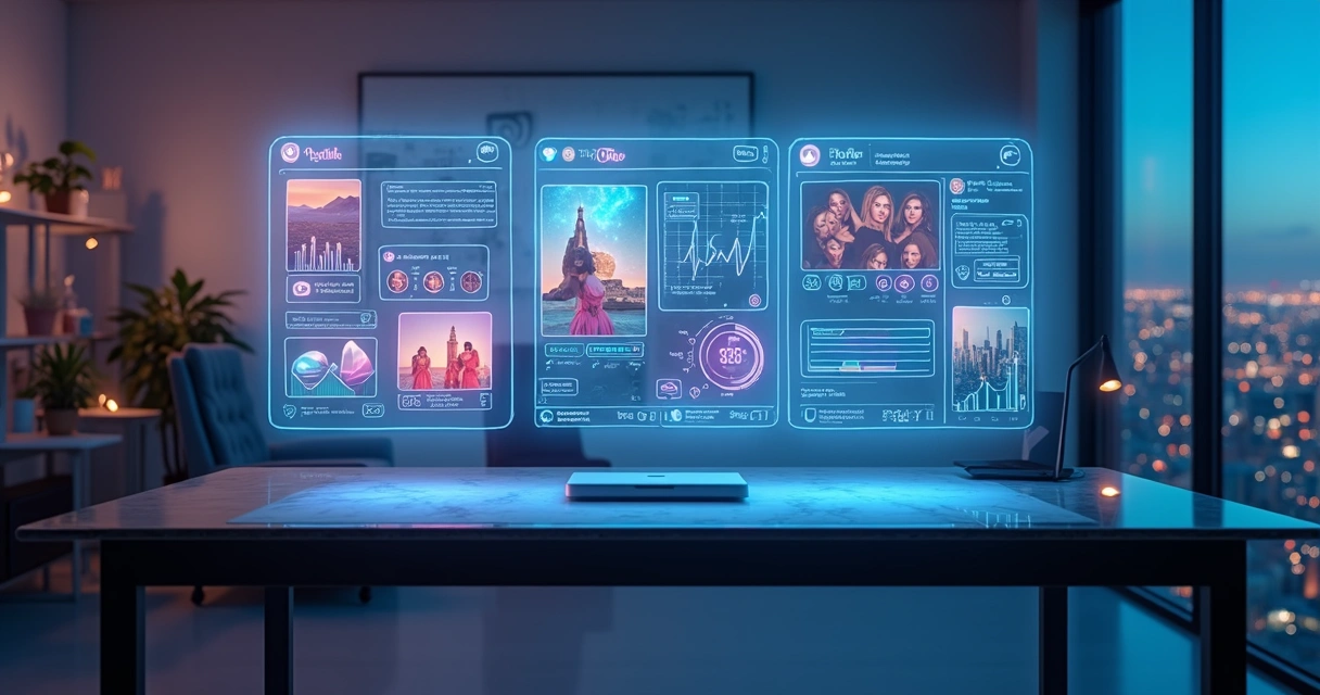 Painel digital exibindo seguidores engajados em três redes sociais 