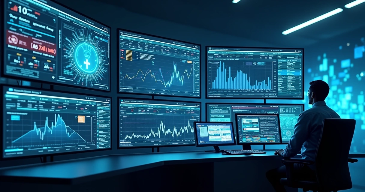 Dashboard com gráficos de segurança em sistema financeiro