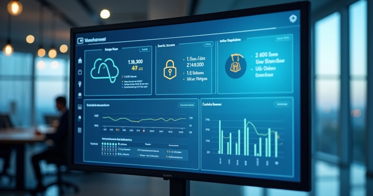 Painel digital mostrando indicadores de segurança e compliance em ambiente de nuvem 