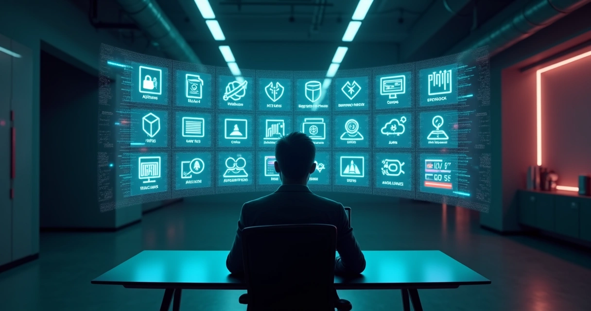 Painel digital em 3D com ícones representando múltiplos módulos de segurança de sistema 