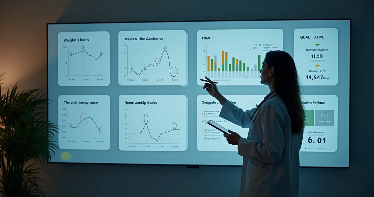 Nutricionista analisa painel semanal de evolução do paciente em tela dividida com métricas quantitativas e relatos subjetivos 