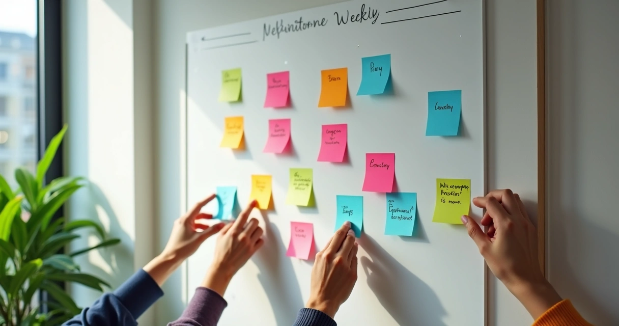 Quadro branco com post-its coloridos de metas semanais 