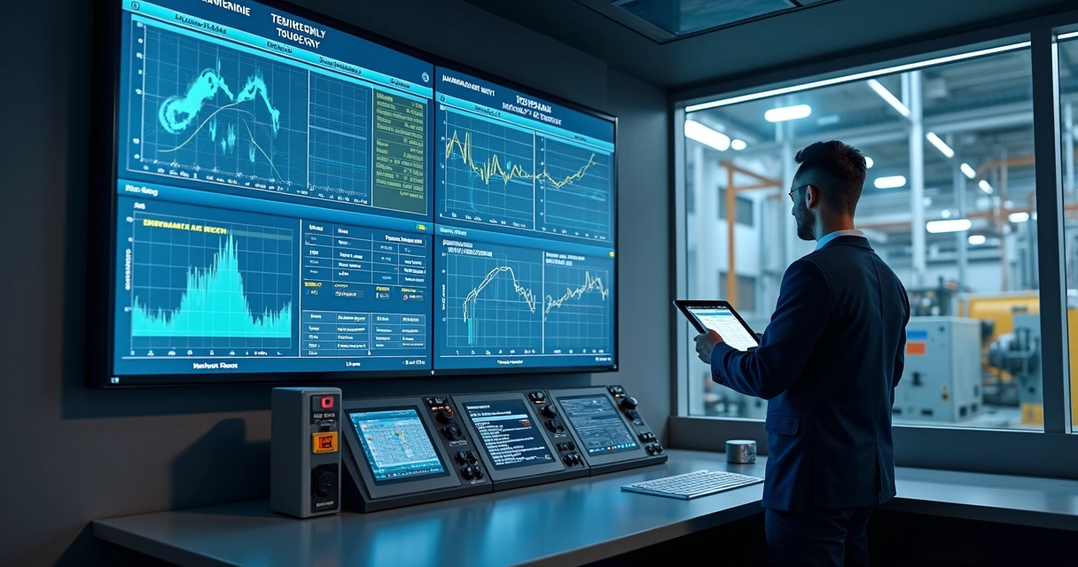 Painel industrial com sensores e relatório digital de manutenção