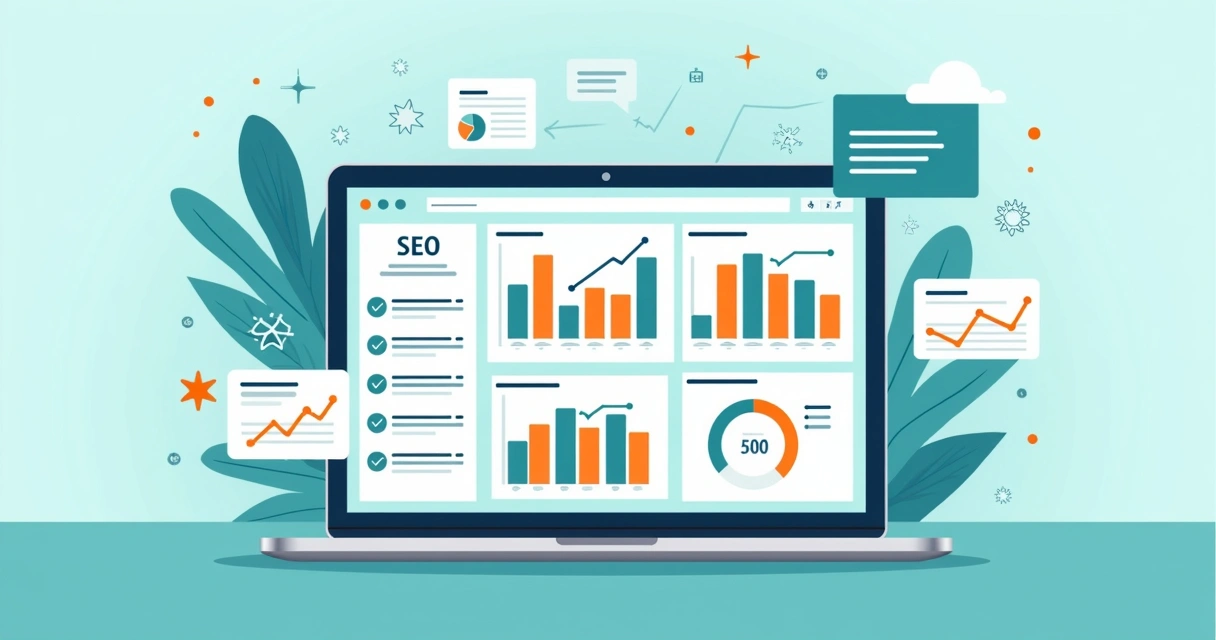 Painel de SEO e análise de landing pages com gráficos e checklist 