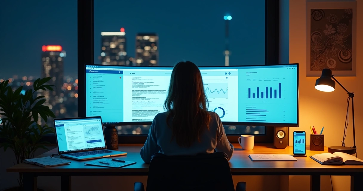 Mulher analisa painel digital com buscas do Bing em diversos dispositivos 