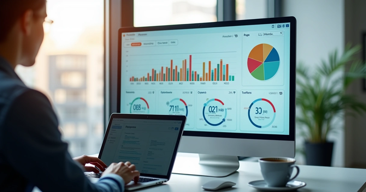 Painel virtual exibindo estatísticas de SEO e blog com gráficos em destaque 