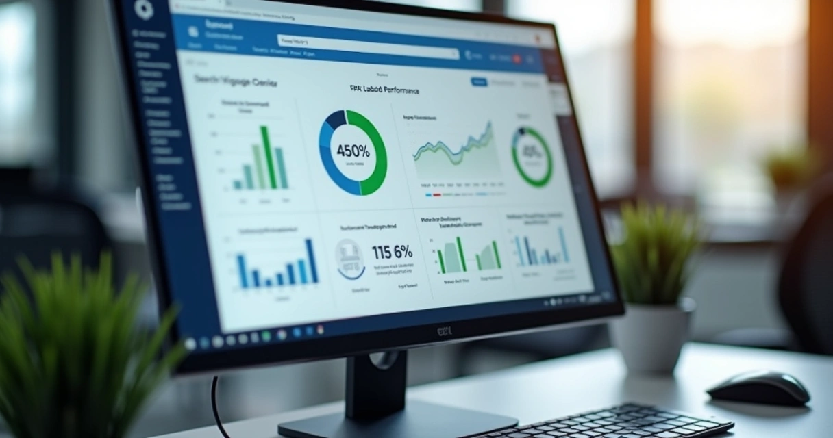 Painel de SEO e desempenho em tela corporativa 