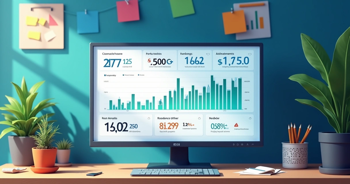 Painel SEO mostrando gráficos de site em crescimento após manutenção 