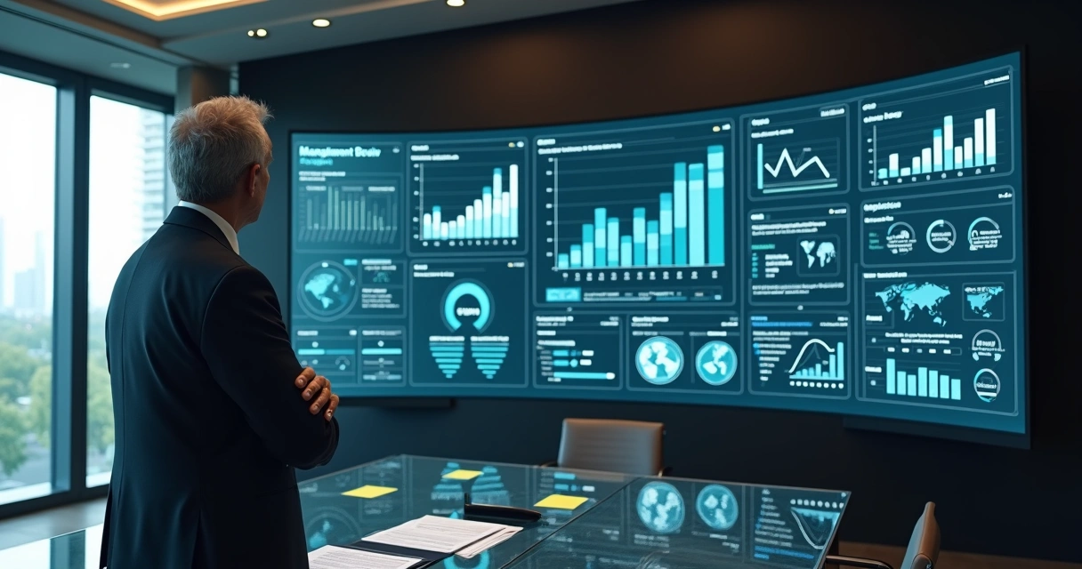 Líder observando painel digital com indicadores ambientais ISO 14001 integrados à estratégia 