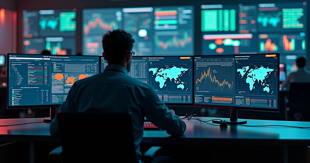 Painel de SIEM com analista monitorando ameaças cibernéticas em ambiente corporativo 