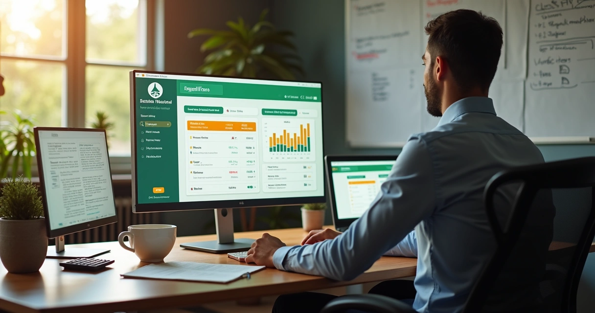Gestor analisando painel do Simples Nacional em monitor com gráficos fiscais 