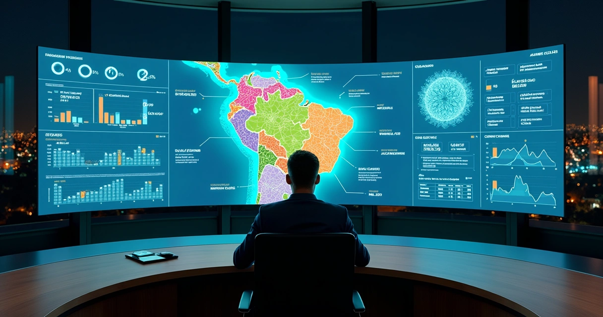 Profissional analisa painel 3D com simulação de impactos da reforma tributária 