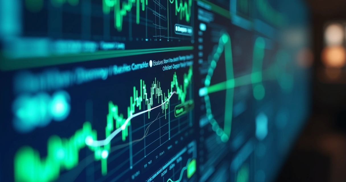 Painel digital com sinergias entre empresas e gráficos financeiros