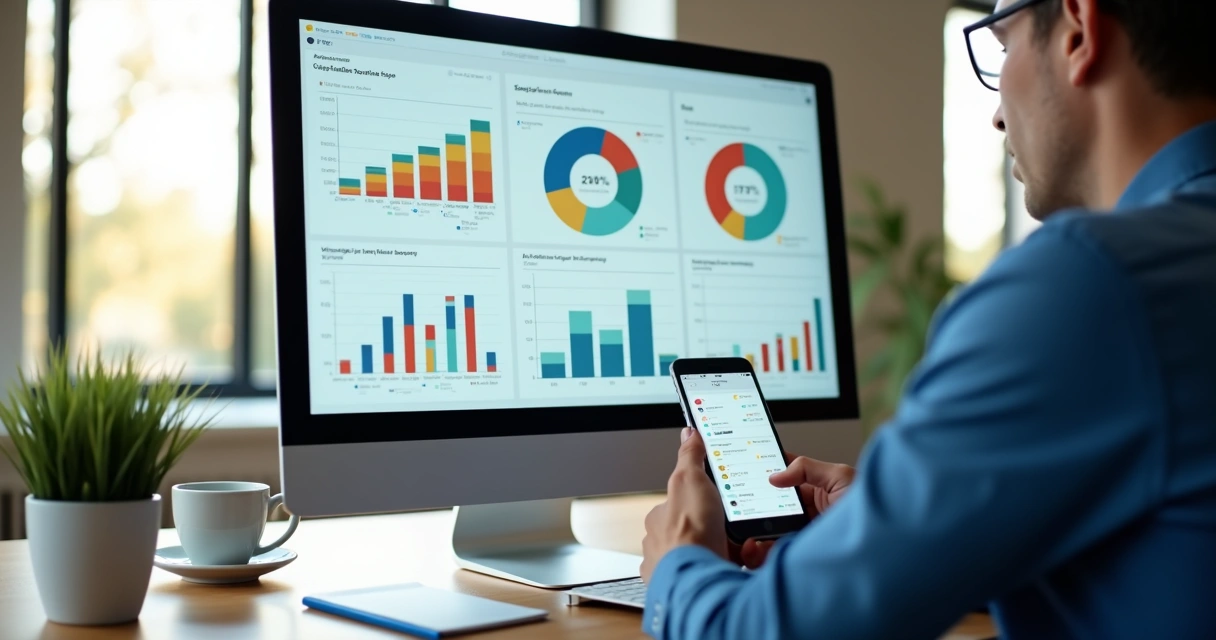 Painel digital de sistema de gestão exibindo vendas, estoque e finanças 