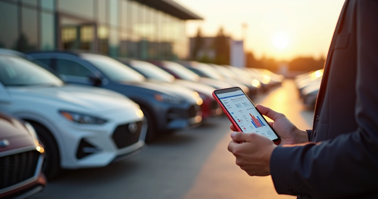 Proprietário de loja de carros usando sistema de gestão no smartphone em estacionamento aberto 